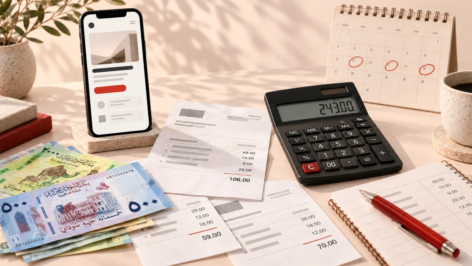 هاتف بجانب فواتير وآلة حاسبة وأوراق نقدية سودانية وتقويم لتوضيح مصاريف تشغيل التطبيق المستمرة